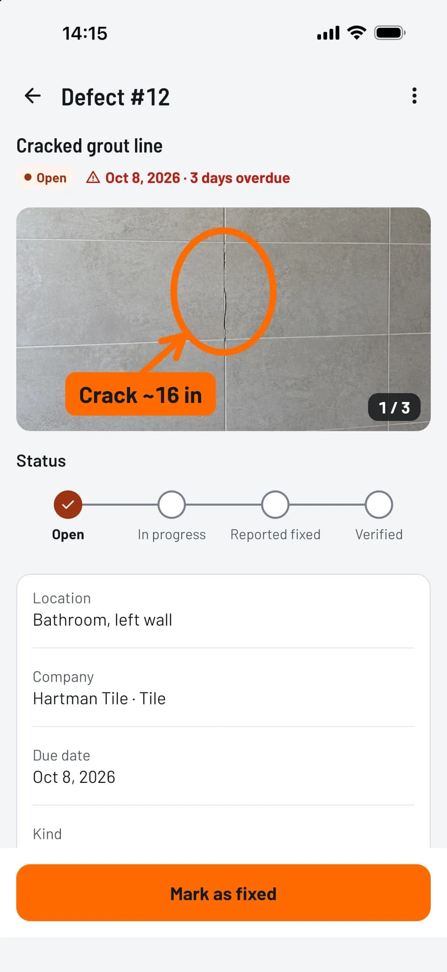 TagFix screen of a punch item with a marked-up photo, its status, company and due date