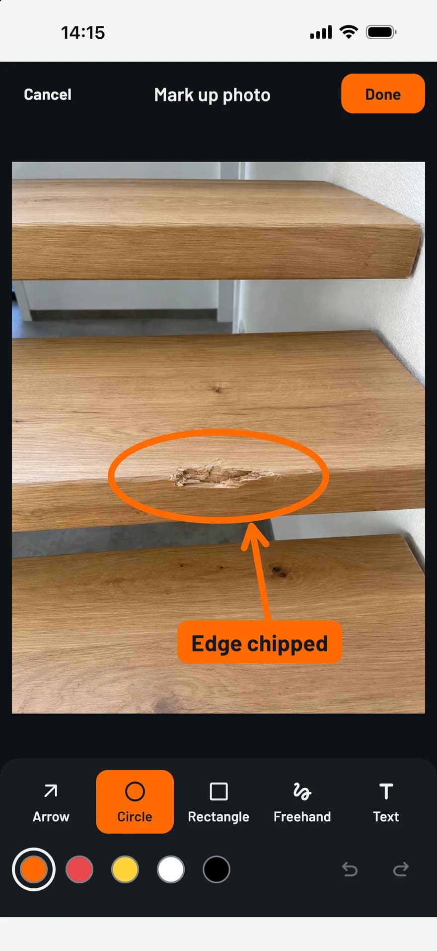 TagFix photo editor: a damaged stair tread marked with a circle, an arrow and a text label