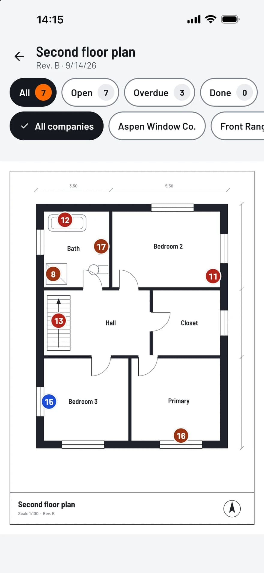 TagFix plan view: a floor plan with numbered pins in the status colors